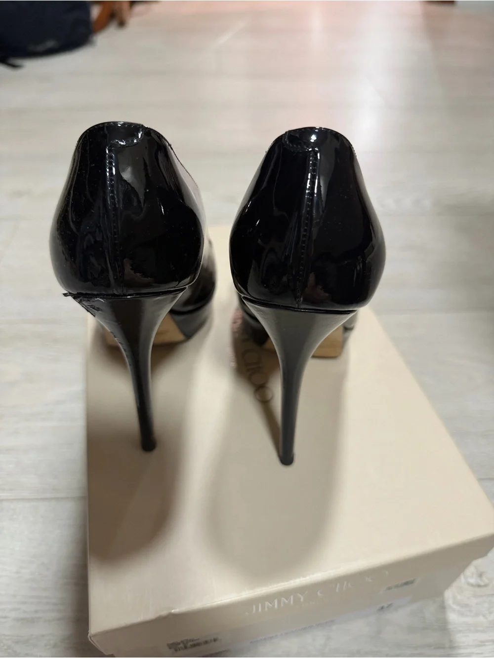 Jimmy Choo Black Patent Leather Peep-Toe Pumps